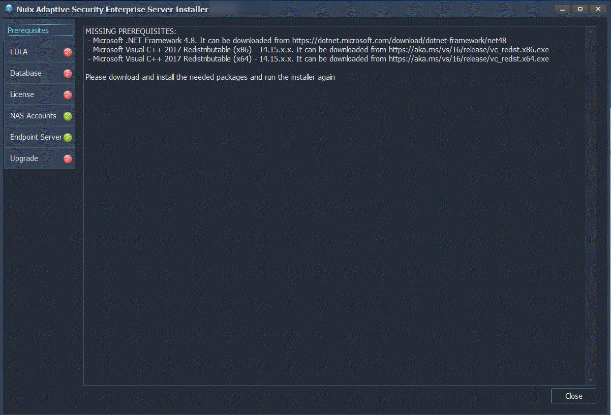 The server installer missing prerequisites list. 